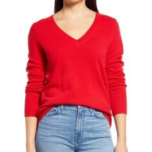 Halogen 100% Cashmere Knit Luxury Relaxed Fit V-Neck Red Holiday Sweater SMALL